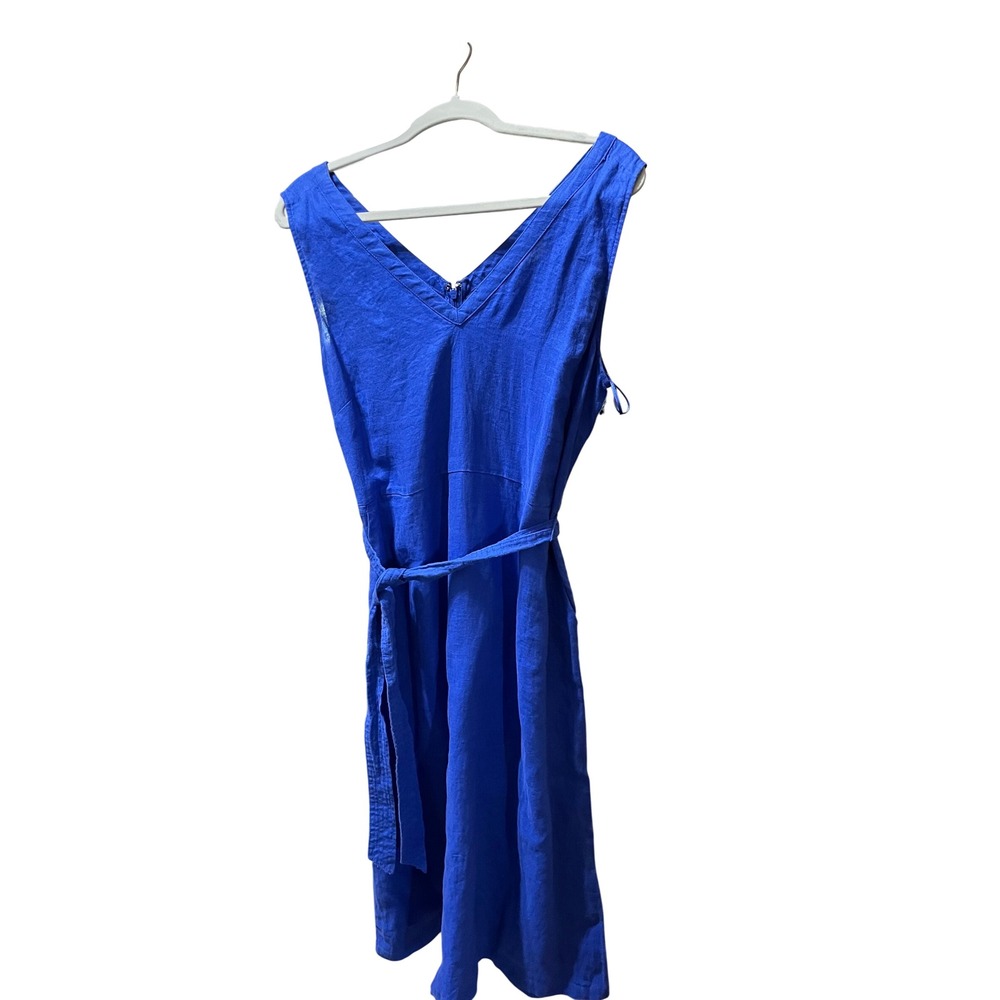 Nicole Miller New York Blue 100% Linen V-Neck Belted Midi Dress Size 8 NEW